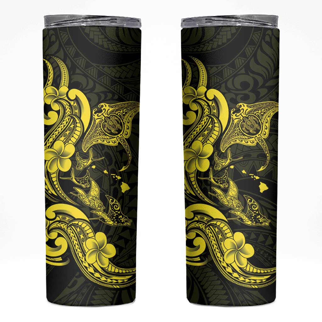 Hawaiian Manta Rays Skinny Tumbler Tribal Hibiscus Polynesian Tattoos Yellow Color - Polynesian Pride