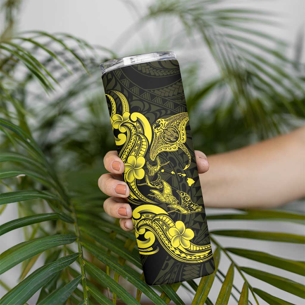 Hawaiian Manta Rays Skinny Tumbler Tribal Hibiscus Polynesian Tattoos Yellow Color - Polynesian Pride