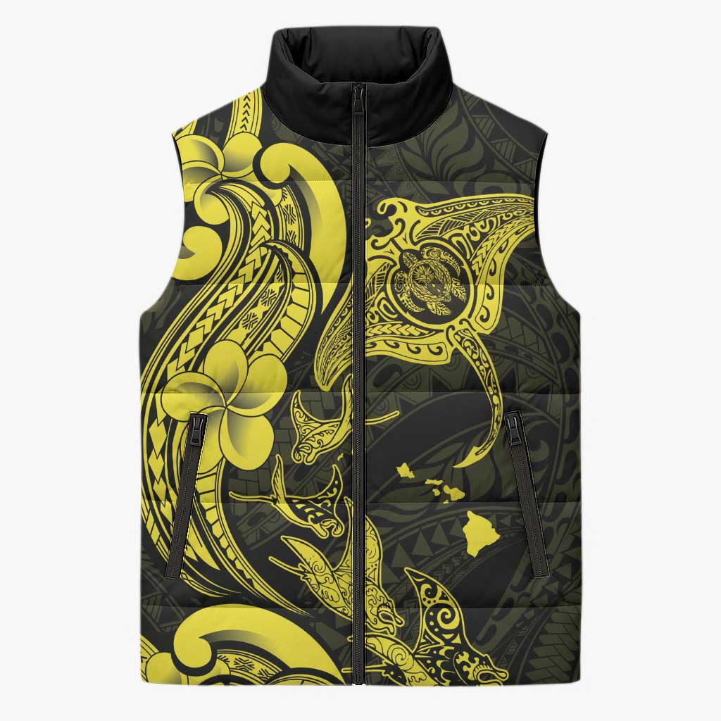 Hawaiian Manta Rays Sleeveless Puffer Jacket Tribal Hibiscus Polynesian Tattoos Yellow Color LT03 Unisex Yellow - Polynesian Pride