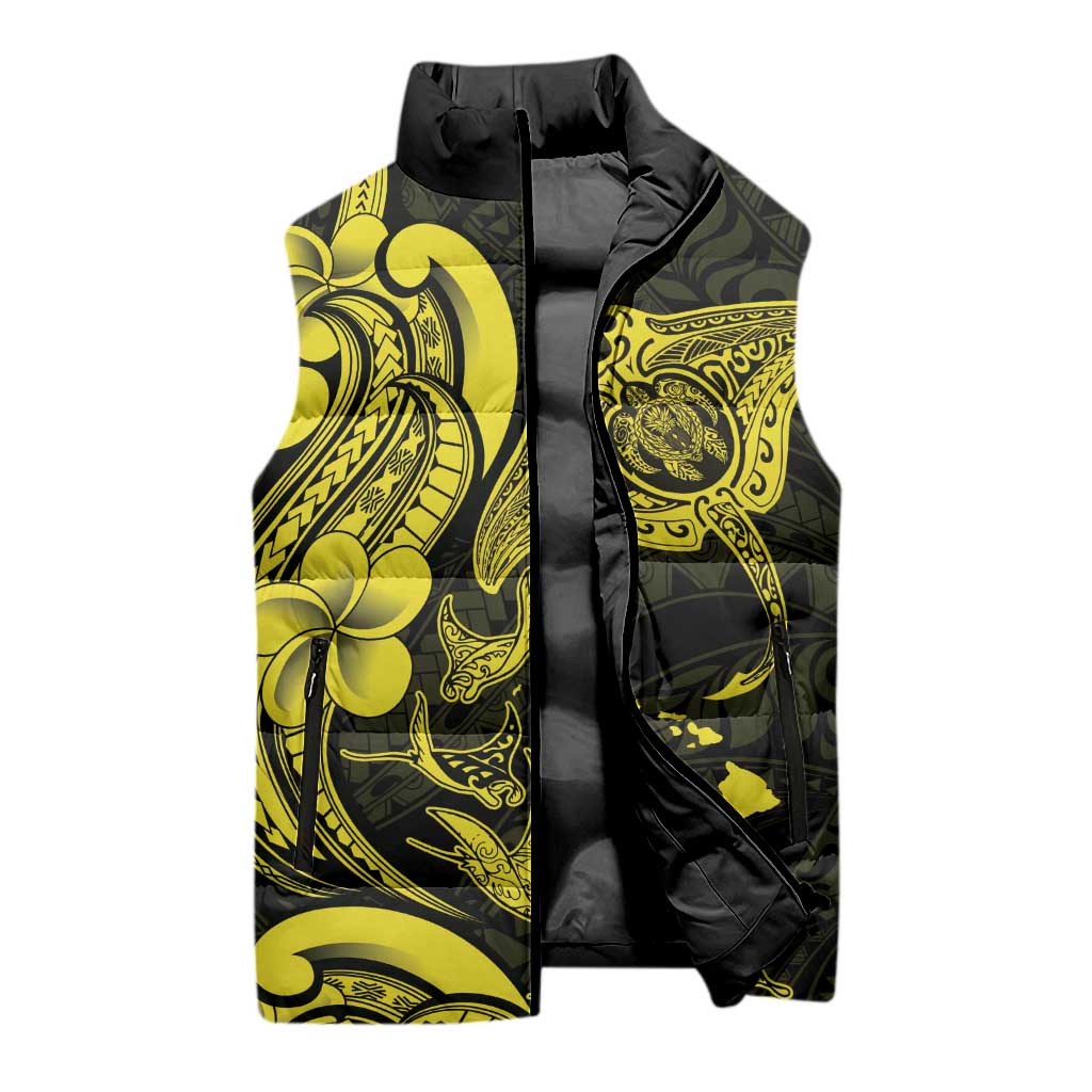 Hawaiian Manta Rays Sleeveless Puffer Jacket Tribal Hibiscus Polynesian Tattoos Yellow Color - Polynesian Pride