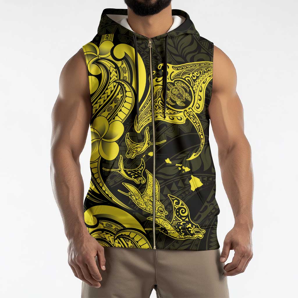 Hawaiian Manta Rays Sleeveless Zip Hoodie Tribal Hibiscus Polynesian Tattoos Yellow Color - Polynesian Pride