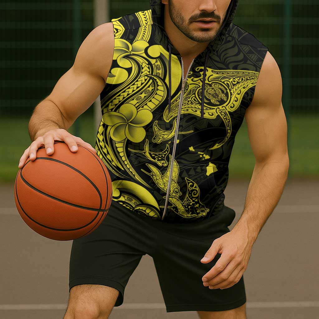 Hawaiian Manta Rays Sleeveless Zip Hoodie Tribal Hibiscus Polynesian Tattoos Yellow Color - Polynesian Pride
