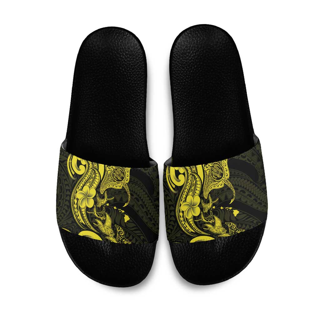 Hawaiian Manta Rays Slide Sandals Tribal Hibiscus Polynesian Tattoos Yellow Color - Polynesian Pride