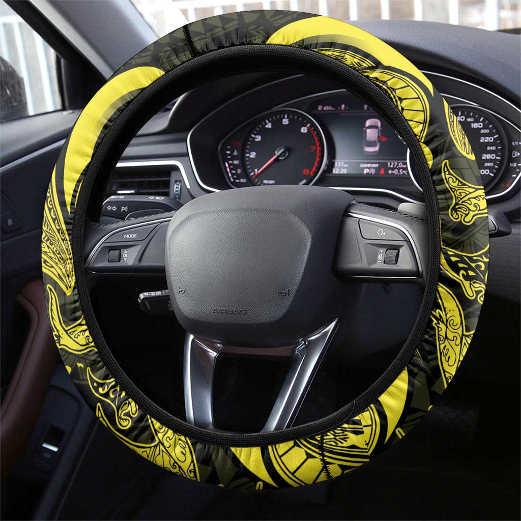 Hawaiian Manta Rays Steering Wheel Cover Tribal Hibiscus Polynesian Tattoos Yellow Color - Polynesian Pride
