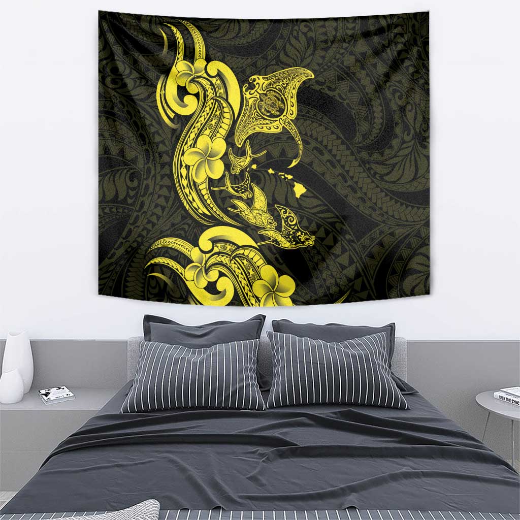 Hawaiian Manta Rays Tapestry Tribal Hibiscus Polynesian Tattoos Yellow Color - Polynesian Pride