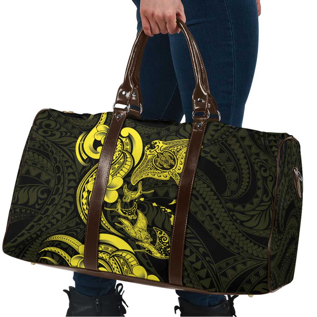 Hawaiian Manta Rays Travel Bag Tribal Hibiscus Polynesian Tattoos Yellow Color - Polynesian Pride