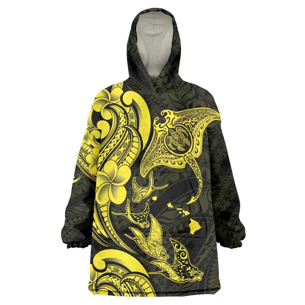 Hawaiian Manta Rays Wearable Blanket Hoodie Tribal Hibiscus Polynesian Tattoos Yellow Color - Polynesian Pride
