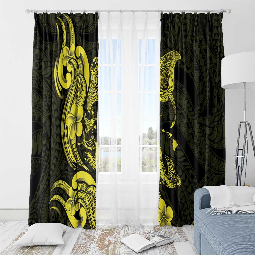 Hawaiian Manta Rays Window Curtain Tribal Hibiscus Polynesian Tattoos Yellow Color - Polynesian Pride