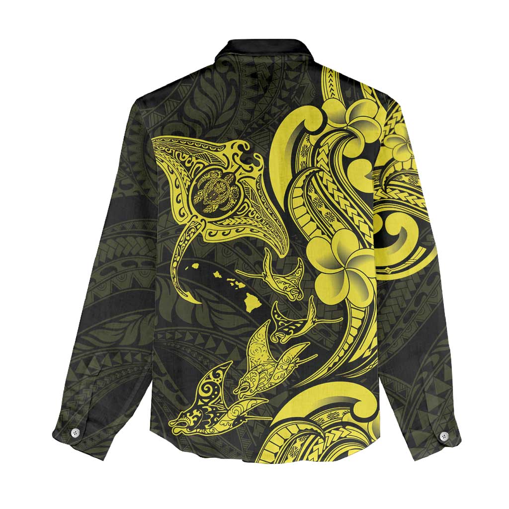 Hawaiian Manta Rays Women Casual Shirt Tribal Hibiscus Polynesian Tattoos Yellow Color - Polynesian Pride