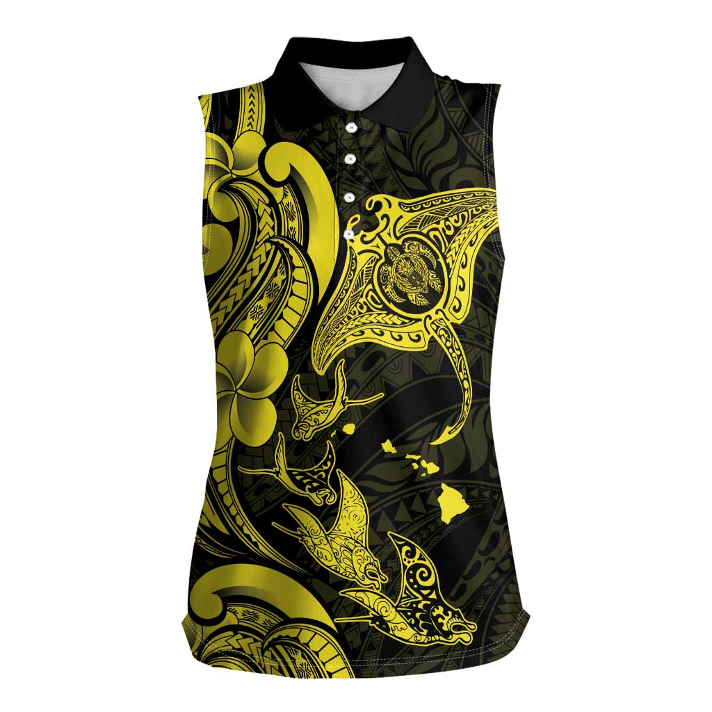 Hawaiian Manta Rays Women Sleeveless Polo Shirt Tribal Hibiscus Polynesian Tattoos Yellow Color - Polynesian Pride