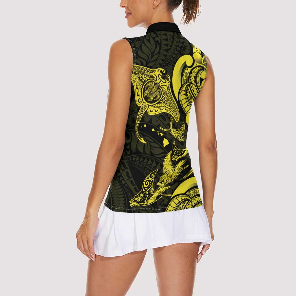 Hawaiian Manta Rays Women Sleeveless Polo Shirt Tribal Hibiscus Polynesian Tattoos Yellow Color - Polynesian Pride