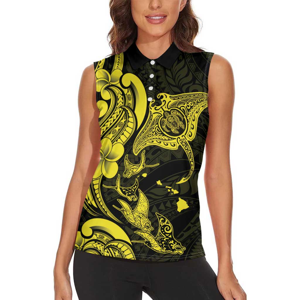 Hawaiian Manta Rays Women Sleeveless Polo Shirt Tribal Hibiscus Polynesian Tattoos Yellow Color - Polynesian Pride