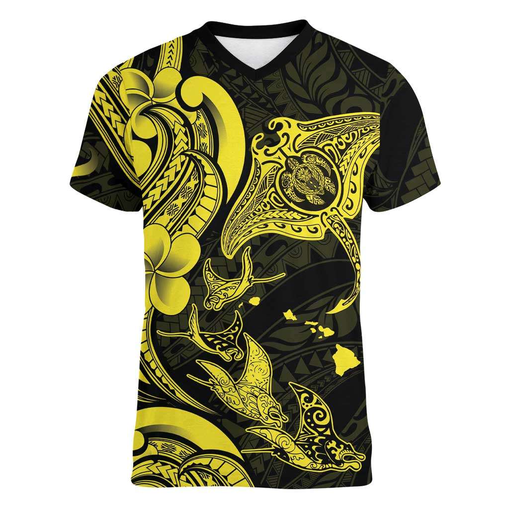 Hawaiian Manta Rays Women V-Neck T-Shirt Tribal Hibiscus Polynesian Tattoos Yellow Color LT03 Female Yellow - Polynesian Pride