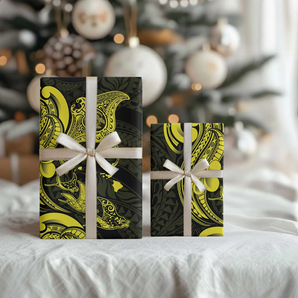 Hawaiian Manta Rays Wrapping Paper Tribal Hibiscus Polynesian Tattoos Yellow Color - Polynesian Pride
