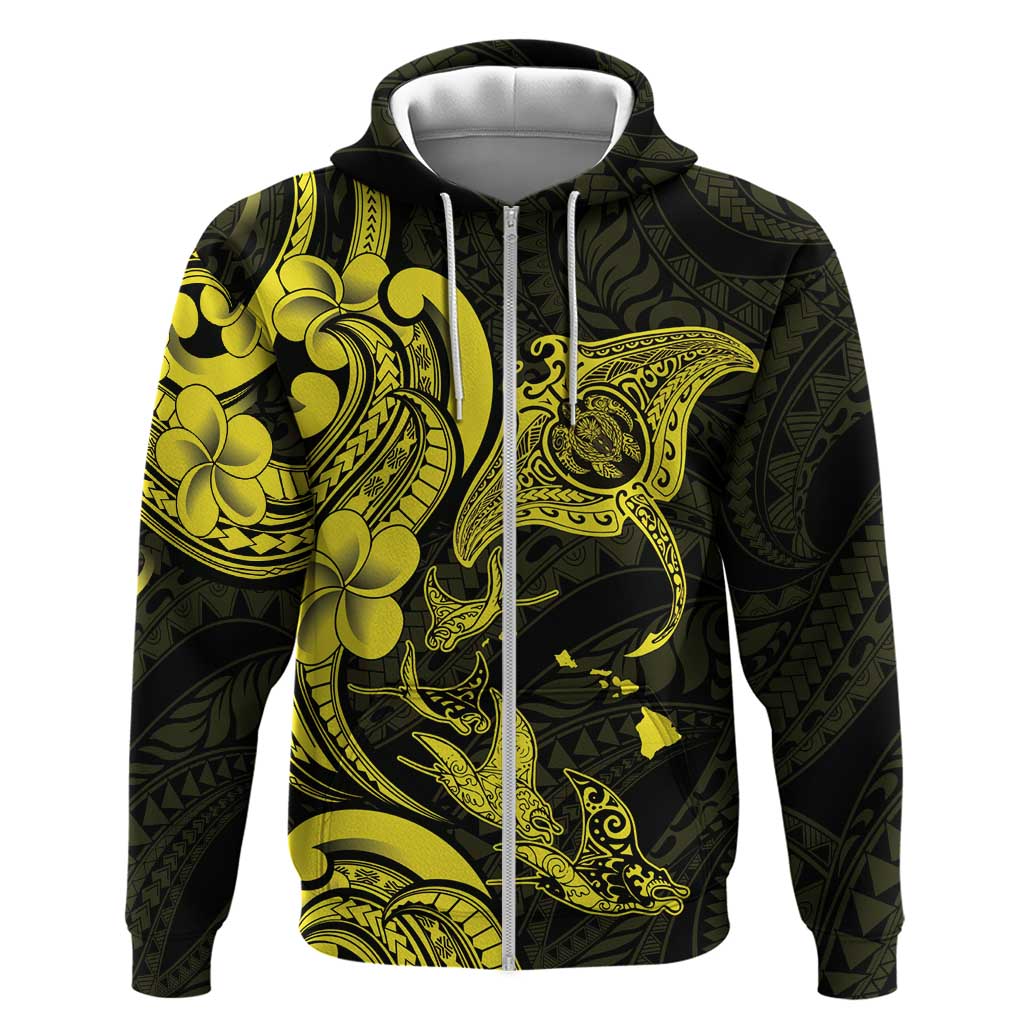 Hawaiian Manta Rays Zip Hoodie Tribal Hibiscus Polynesian Tattoos Yellow Color LT03 Zip Hoodie Yellow - Polynesian Pride