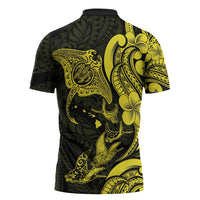Hawaiian Manta Rays Zipper Polo Shirt Tribal Hibiscus Polynesian Tattoos Yellow Color - Polynesian Pride
