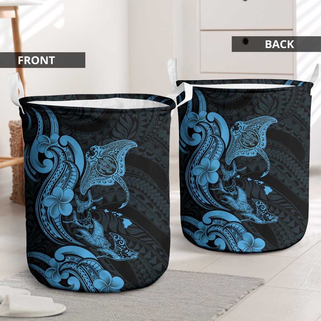 Hawaiian Manta Rays Laundry Basket Tribal Hibiscus Polynesian Tattoos Blue Color - Polynesian Pride