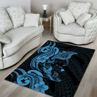 Hawaiian Manta Rays Area Rug Tribal Hibiscus Polynesian Tattoos Blue Color - Polynesian Pride