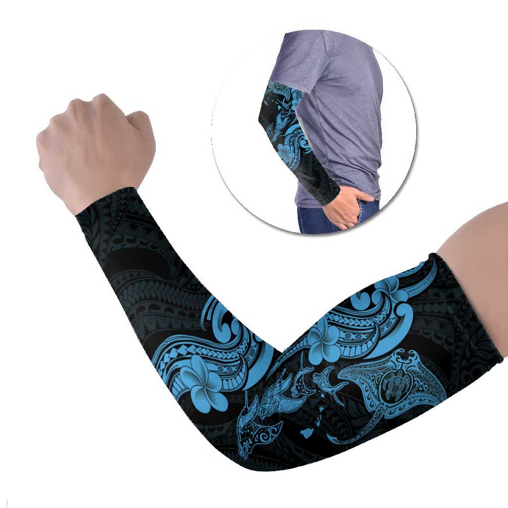 Hawaiian Manta Rays Arm Sleeves Tribal Hibiscus Polynesian Tattoos Blue Color - Polynesian Pride