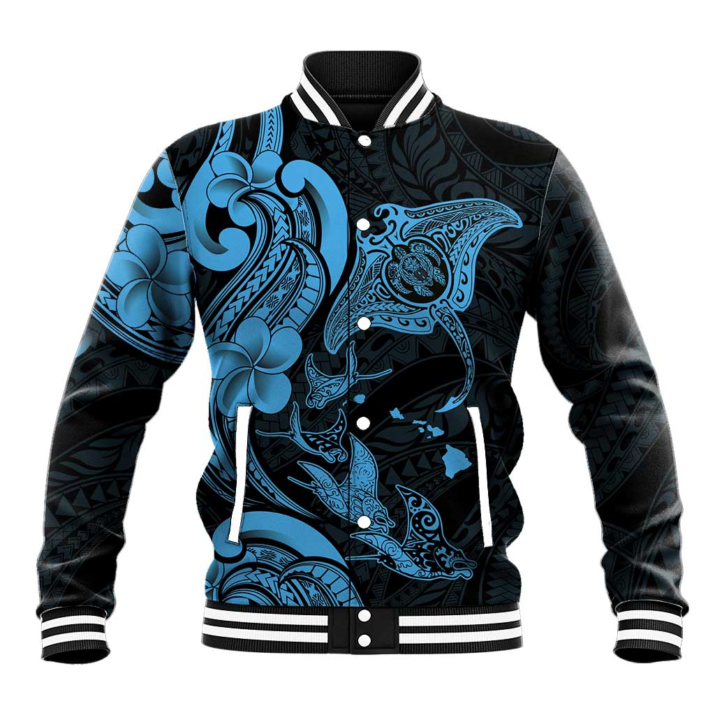 Hawaiian Manta Rays Baseball Jacket Tribal Hibiscus Polynesian Tattoos Blue Color LT03 Unisex Blue - Polynesian Pride