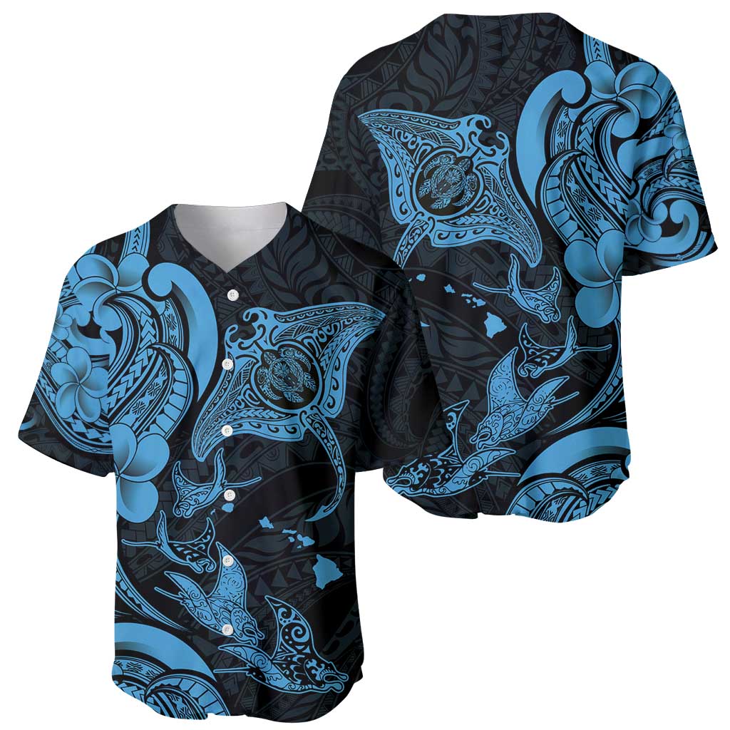 Hawaiian Manta Rays Baseball Jersey Tribal Hibiscus Polynesian Tattoos Blue Color - Polynesian Pride