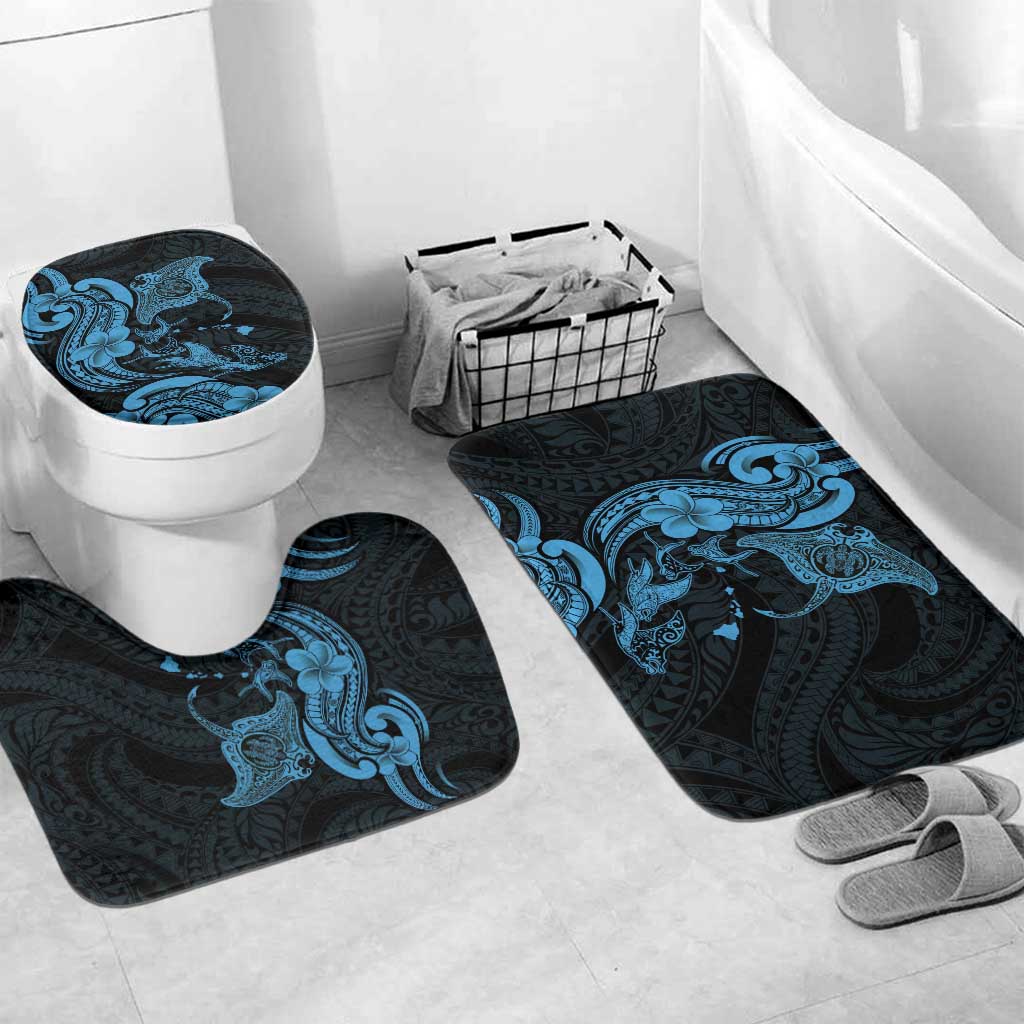Hawaiian Manta Rays Bathroom Set Tribal Hibiscus Polynesian Tattoos Blue Color - Polynesian Pride