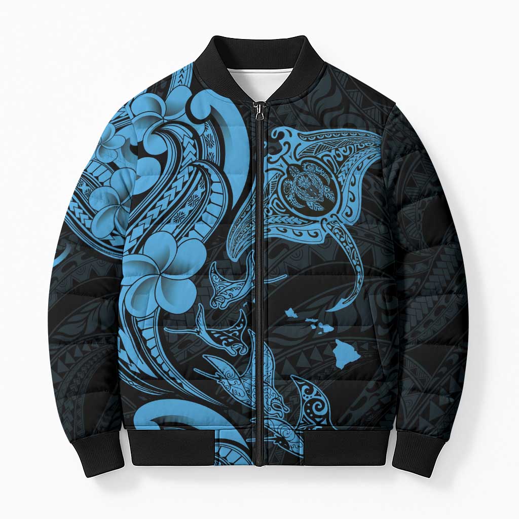 Hawaiian Manta Rays Bomber Puffer Jacket Tribal Hibiscus Polynesian Tattoos Blue Color LT03 Unisex Blue - Polynesian Pride