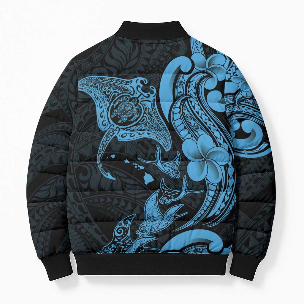 Hawaiian Manta Rays Bomber Puffer Jacket Tribal Hibiscus Polynesian Tattoos Blue Color - Polynesian Pride