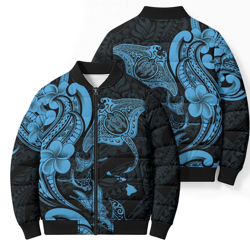 Hawaiian Manta Rays Bomber Puffer Jacket Tribal Hibiscus Polynesian Tattoos Blue Color - Polynesian Pride