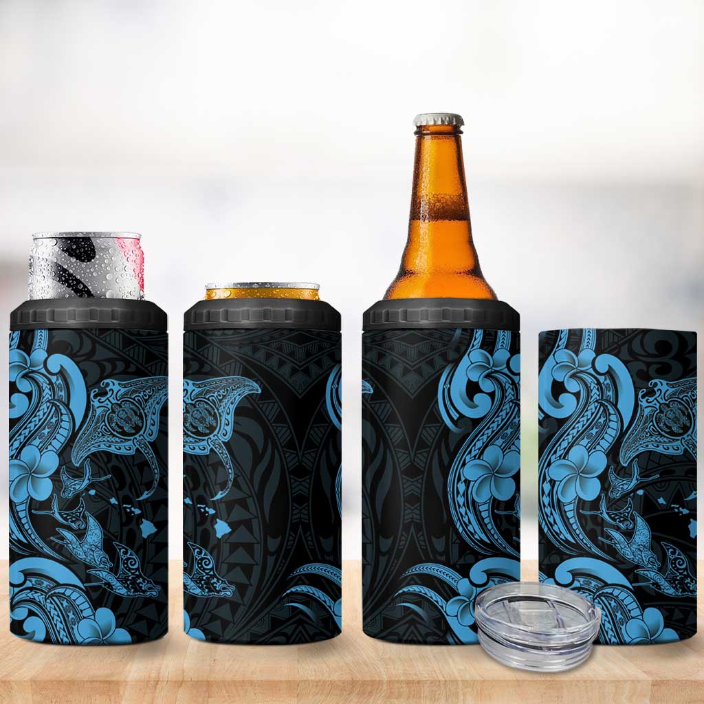 Hawaiian Manta Rays 4 in 1 Can Cooler Tumbler Tribal Hibiscus Polynesian Tattoos Blue Color - Polynesian Pride