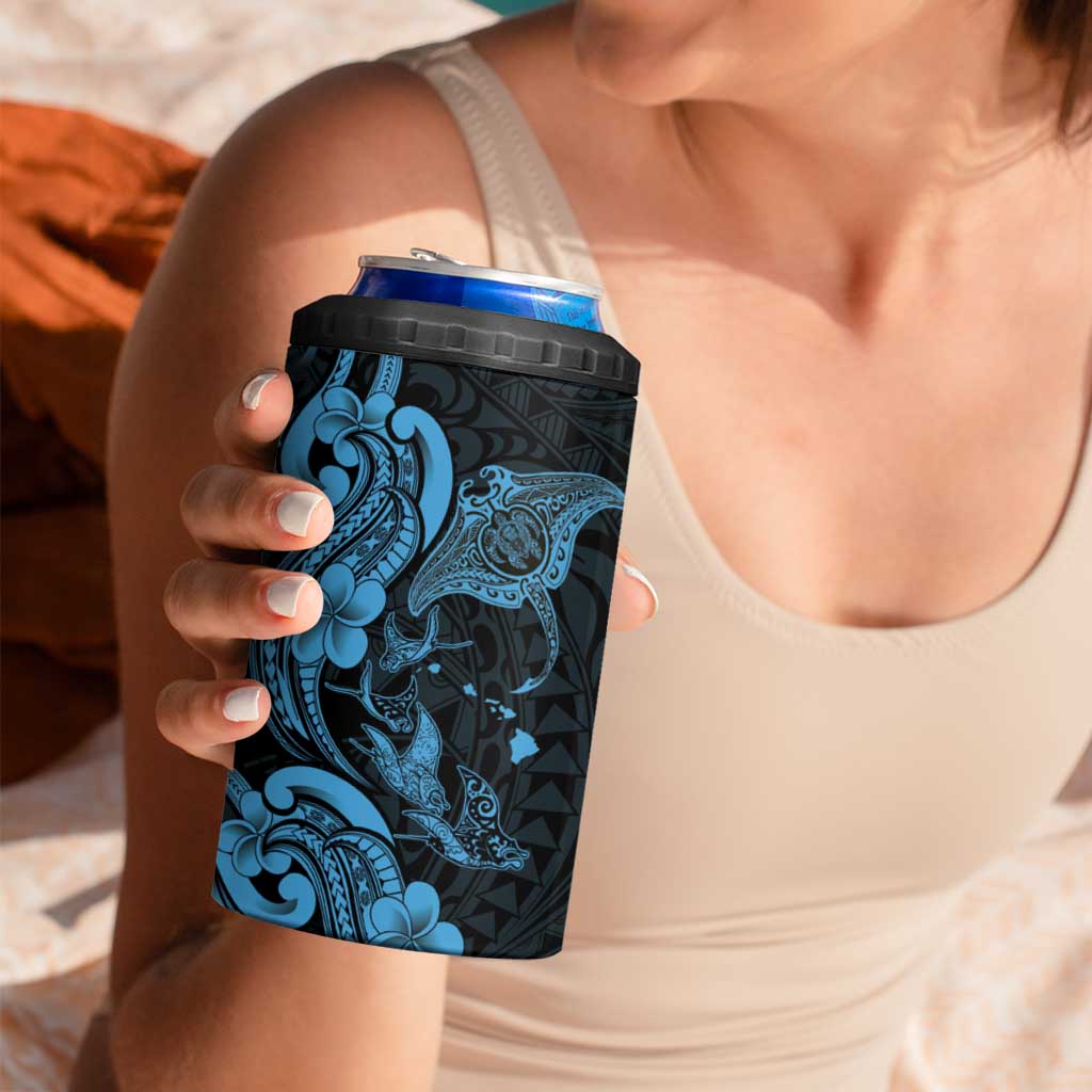 Hawaiian Manta Rays 4 in 1 Can Cooler Tumbler Tribal Hibiscus Polynesian Tattoos Blue Color - Polynesian Pride