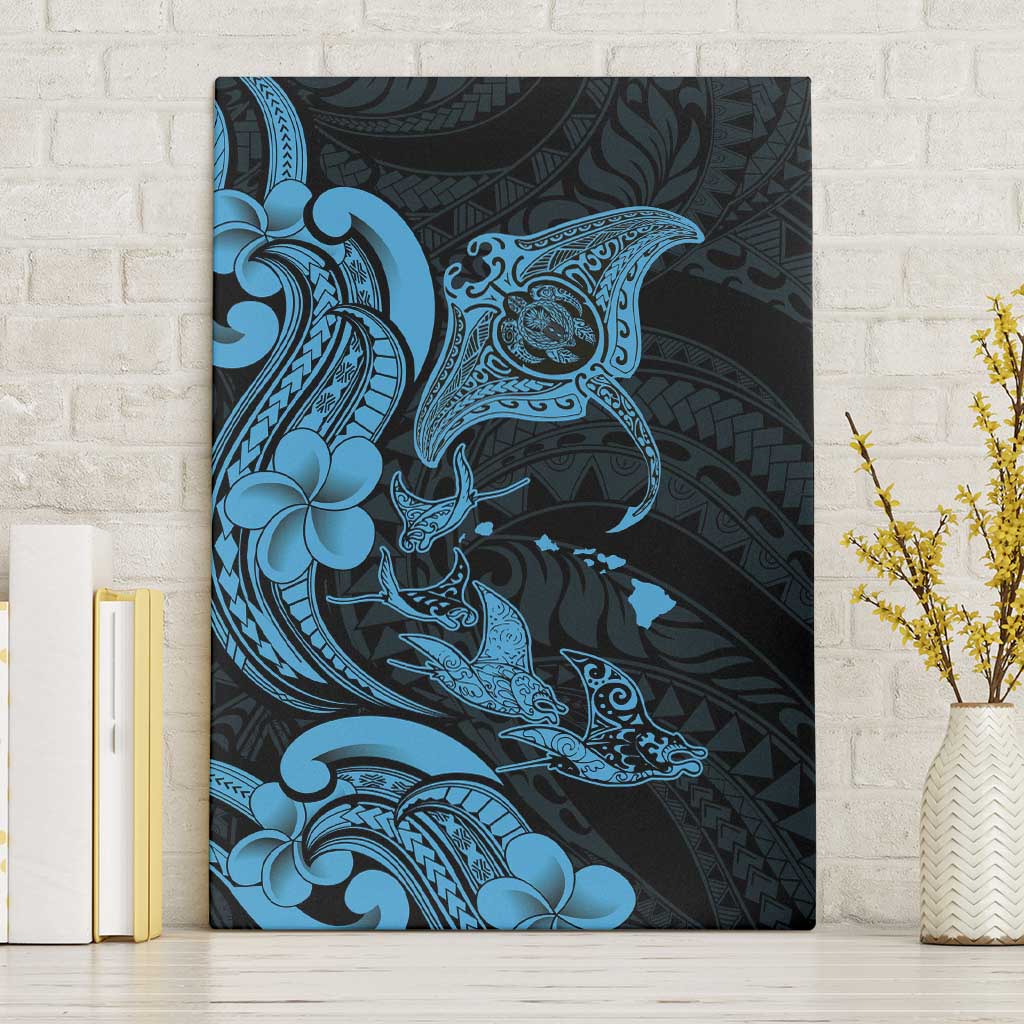 Hawaiian Manta Rays Canvas Wall Art Tribal Hibiscus Polynesian Tattoos Blue Color - Polynesian Pride