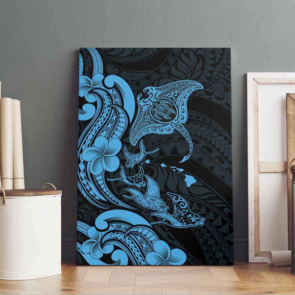 Hawaiian Manta Rays Canvas Wall Art Tribal Hibiscus Polynesian Tattoos Blue Color - Polynesian Pride
