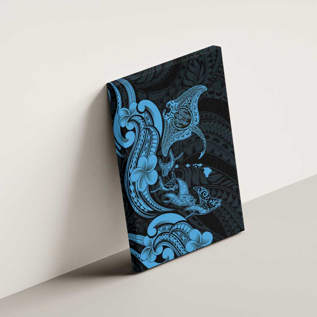 Hawaiian Manta Rays Canvas Wall Art Tribal Hibiscus Polynesian Tattoos Blue Color - Polynesian Pride