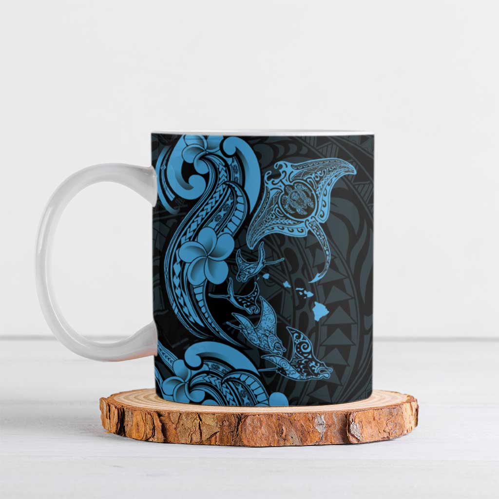 Hawaiian Manta Rays Ceramic Mug Tribal Hibiscus Polynesian Tattoos Blue Color - Polynesian Pride