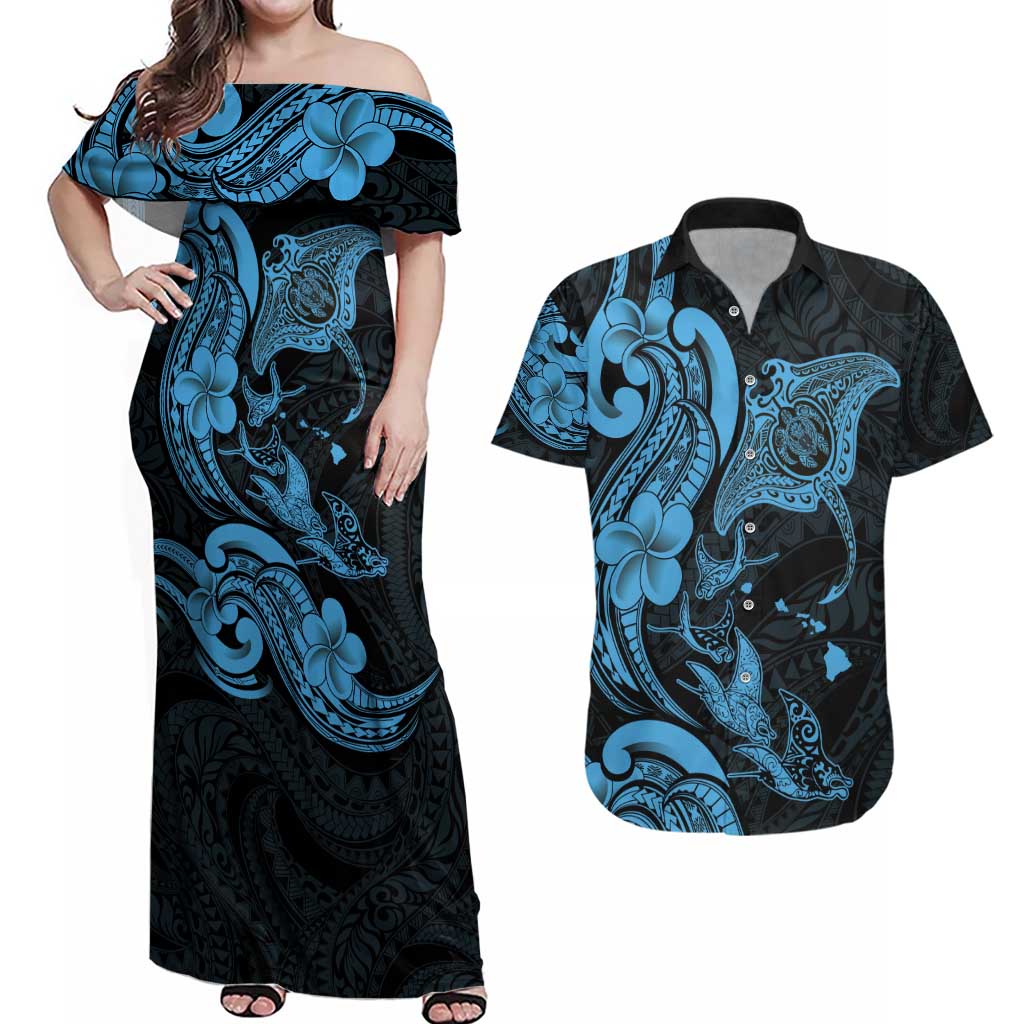 Hawaiian Manta Rays Couples Matching Off Shoulder Maxi Dress and Hawaiian Shirt Tribal Hibiscus Polynesian Tattoos Blue Color - Polynesian Pride
