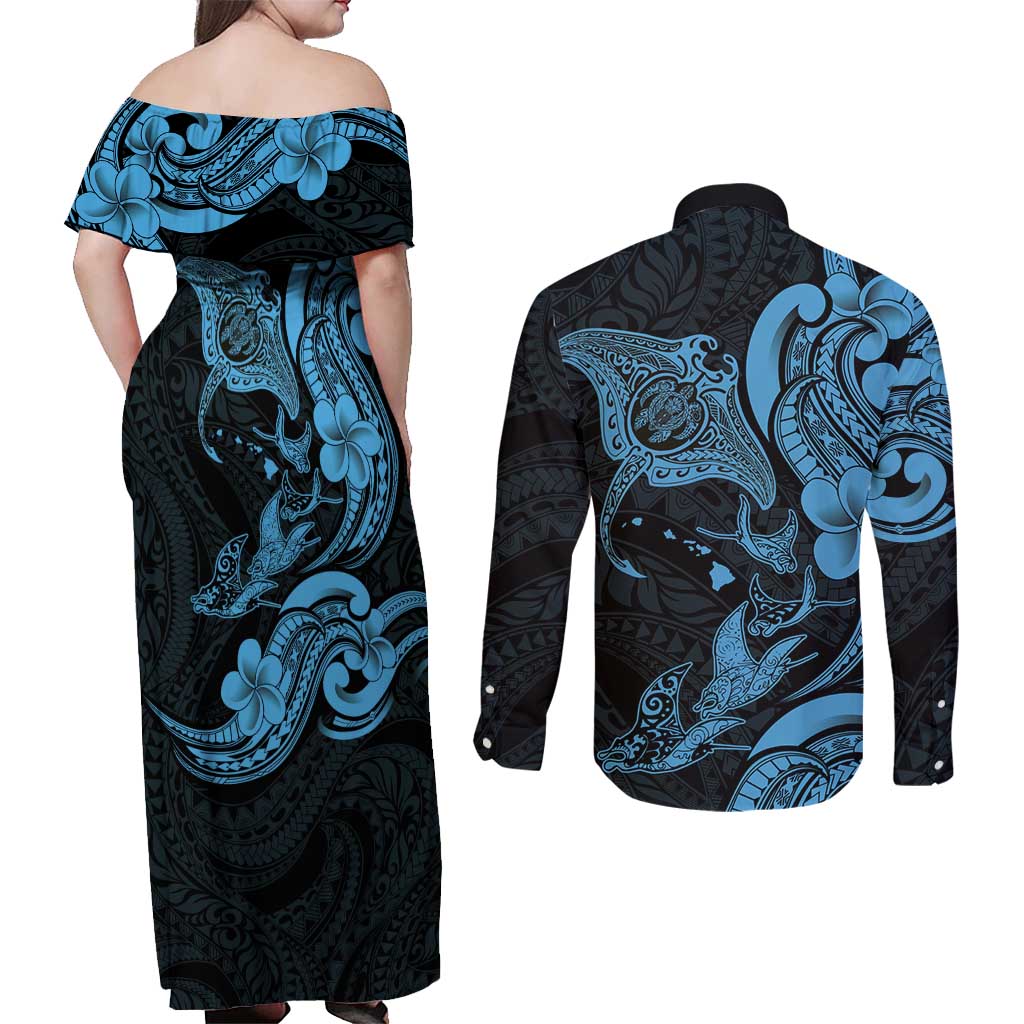 Hawaiian Manta Rays Couples Matching Off Shoulder Maxi Dress and Long Sleeve Button Shirt Tribal Hibiscus Polynesian Tattoos Blue Color - Polynesian Pride
