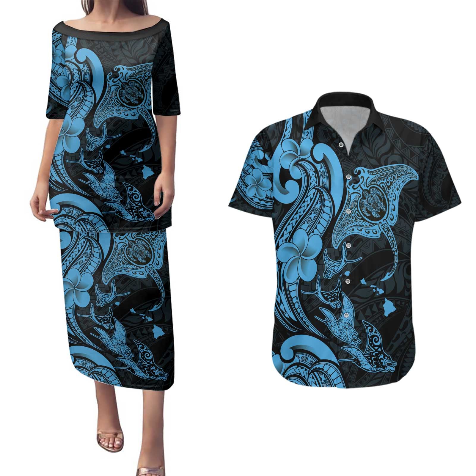 Hawaiian Manta Rays Couples Matching Puletasi and Hawaiian Shirt Tribal Hibiscus Polynesian Tattoos Blue Color - Polynesian Pride