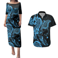 Hawaiian Manta Rays Couples Matching Puletasi and Hawaiian Shirt Tribal Hibiscus Polynesian Tattoos Blue Color - Polynesian Pride