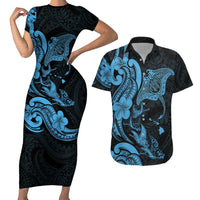 Hawaiian Manta Rays Couples Matching Short Sleeve Bodycon Dress and Hawaiian Shirt Tribal Hibiscus Polynesian Tattoos Blue Color - Polynesian Pride