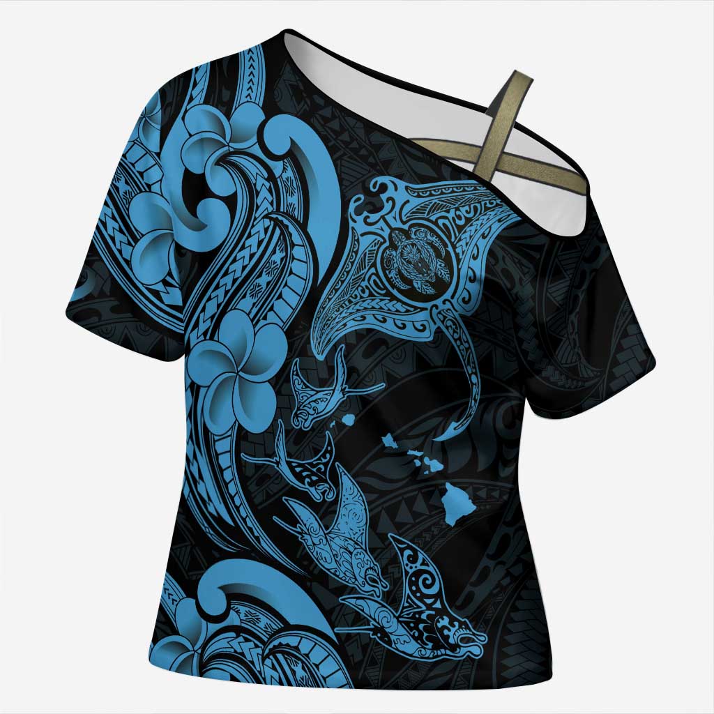 Hawaiian Manta Rays Cross Shoulder Shirt Tribal Hibiscus Polynesian Tattoos Blue Color LT03 Female Blue - Polynesian Pride