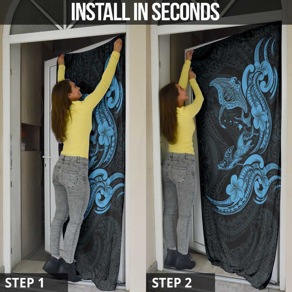 Hawaiian Manta Rays Door Cover Tribal Hibiscus Polynesian Tattoos Blue Color - Polynesian Pride
