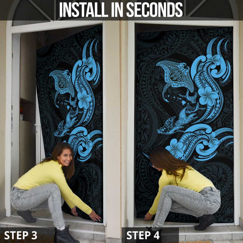 Hawaiian Manta Rays Door Cover Tribal Hibiscus Polynesian Tattoos Blue Color - Polynesian Pride