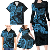 Hawaiian Manta Rays Family Matching Long Sleeve Bodycon Dress and Hawaiian Shirt Tribal Hibiscus Polynesian Tattoos Blue Color - Polynesian Pride