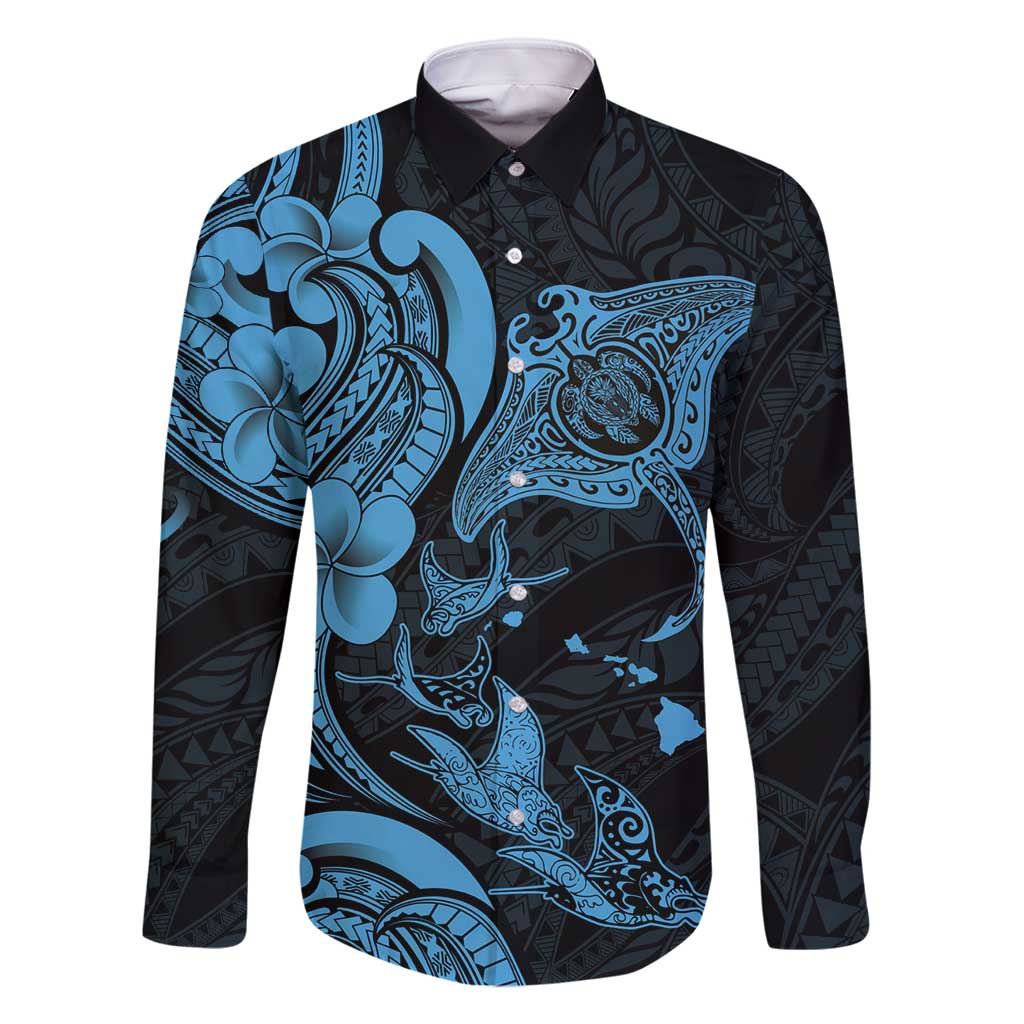 Hawaiian Manta Rays Family Matching Long Sleeve Bodycon Dress and Hawaiian Shirt Tribal Hibiscus Polynesian Tattoos Blue Color - Polynesian Pride