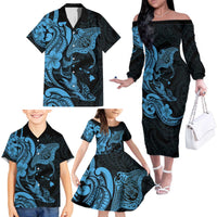 Hawaiian Manta Rays Family Matching Off The Shoulder Long Sleeve Dress and Hawaiian Shirt Tribal Hibiscus Polynesian Tattoos Blue Color - Polynesian Pride