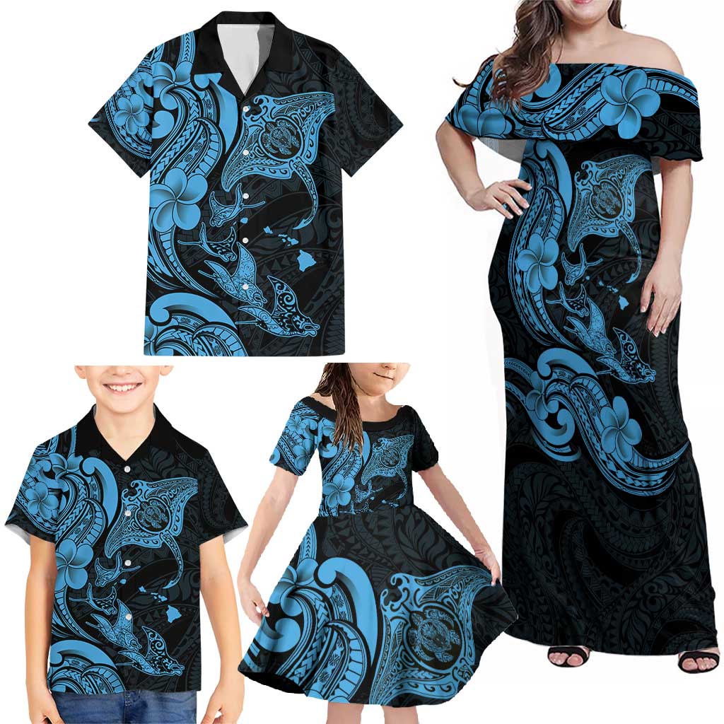 Hawaiian Manta Rays Family Matching Off Shoulder Maxi Dress and Hawaiian Shirt Tribal Hibiscus Polynesian Tattoos Blue Color - Polynesian Pride