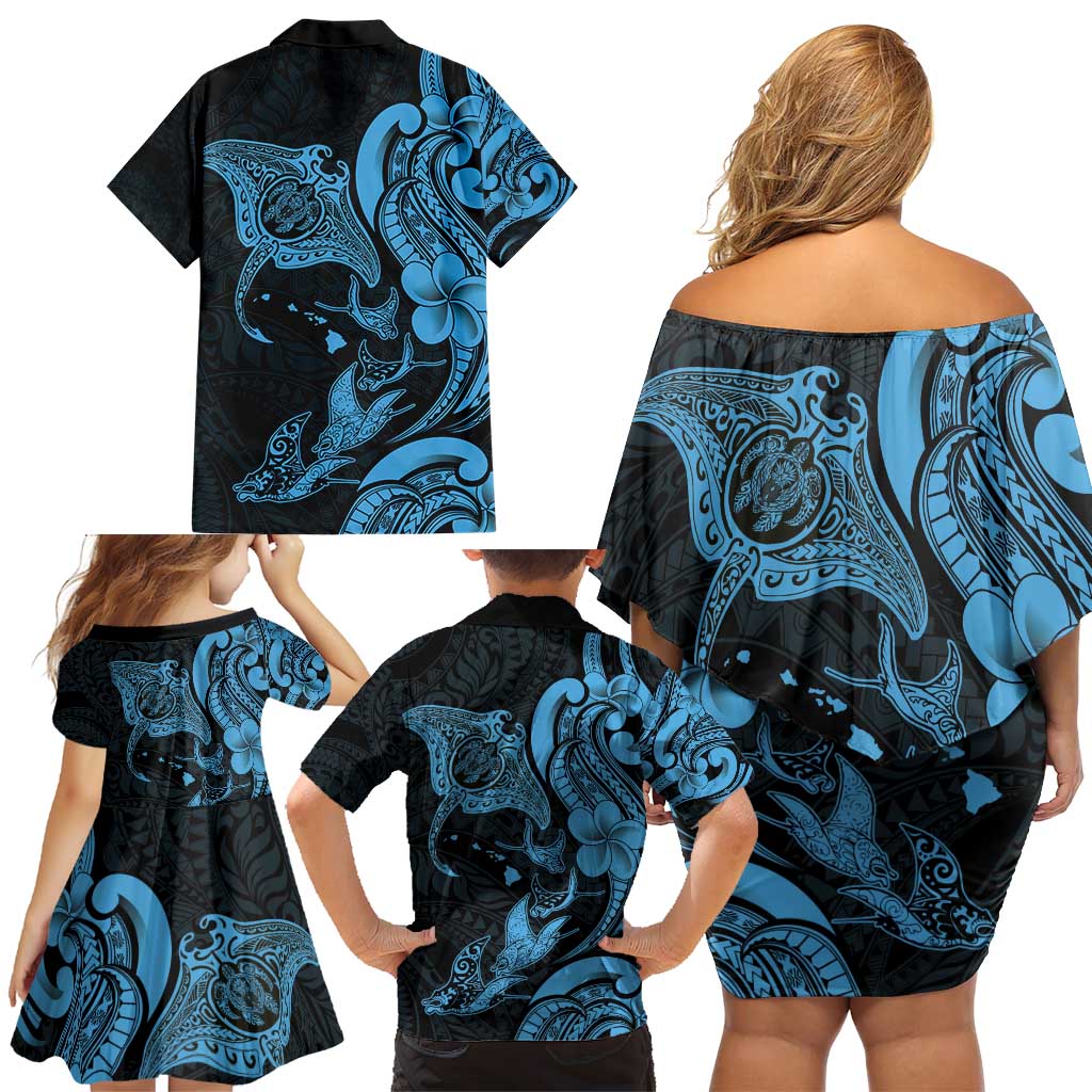 Hawaiian Manta Rays Family Matching Off Shoulder Short Dress and Hawaiian Shirt Tribal Hibiscus Polynesian Tattoos Blue Color - Polynesian Pride