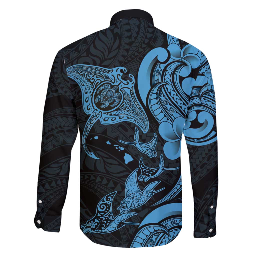 Hawaiian Manta Rays Family Matching Short Sleeve Bodycon Dress and Hawaiian Shirt Tribal Hibiscus Polynesian Tattoos Blue Color - Polynesian Pride