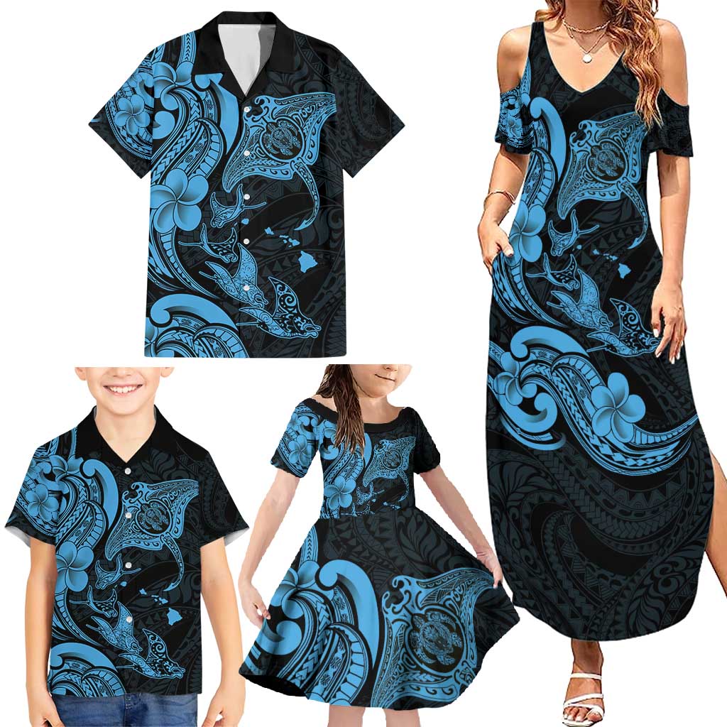 Hawaiian Manta Rays Family Matching Summer Maxi Dress and Hawaiian Shirt Tribal Hibiscus Polynesian Tattoos Blue Color - Polynesian Pride